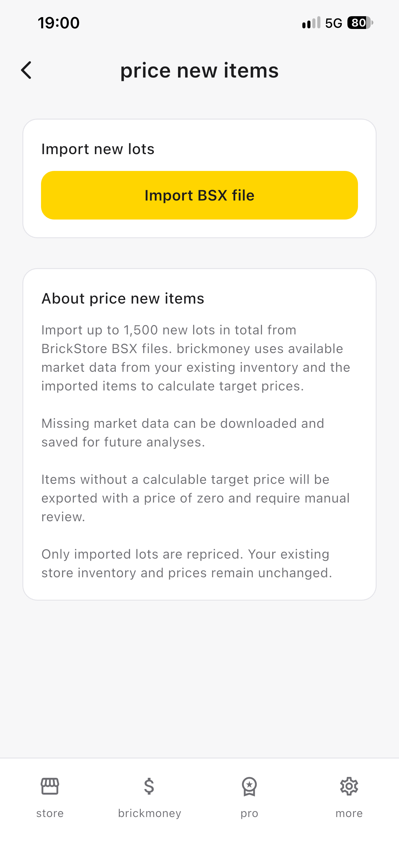 Price new items screen offering BrickStore BSX import and explaining how imported lots receive target prices